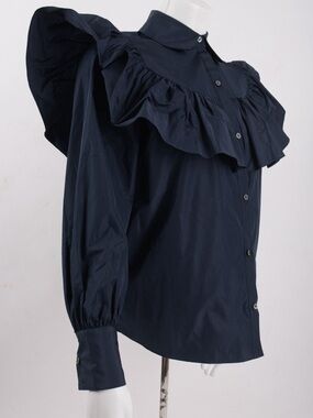 CINQ A SEPT Navy Blue Ruffle Yoke Button-Down Blouse Top